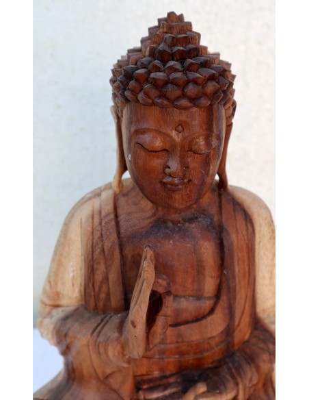 Buddha scultura il legno massello noce indiano o suar cm 26x12x32h color legno naturale statua mano alta