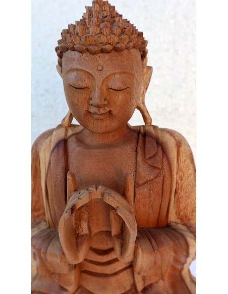 Buddha scultura il legno massello noce indiano o suar cm 23x10x30h color legno naturale statua mani unite