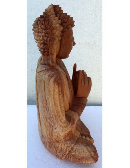Buddha scultura il legno massello noce indiano o suar cm 23x10x30h color legno naturale statua mani unite