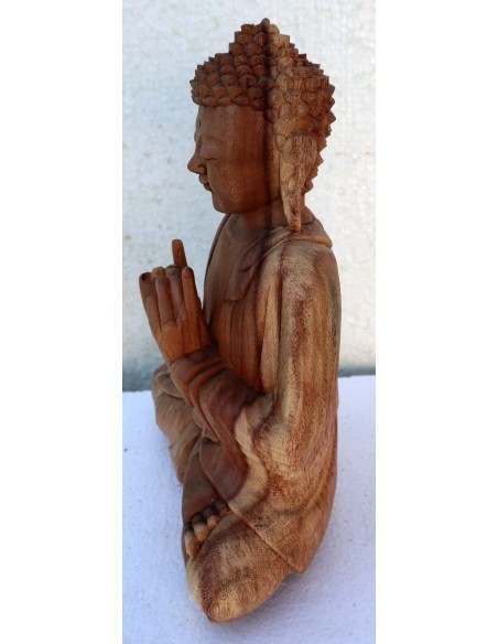 Buddha scultura il legno massello noce indiano o suar cm 23x10x30h color legno naturale statua mani unite