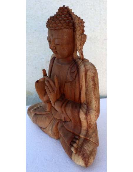 Buddha scultura il legno massello noce indiano o suar cm 23x10x30h color legno naturale statua mani unite