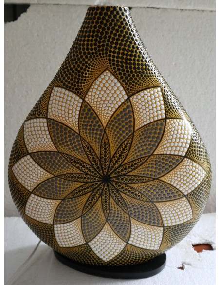 Lampada da tavolo abatjour in resina a bottiglia dipinta a mano mandala gialla cm 35x10x43h