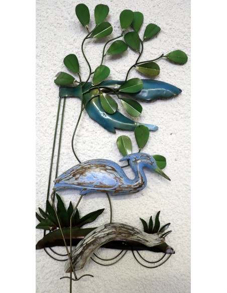 Pannello in metallo con fenicottero in legno creato e colorato mano cm 35x10x82 blu