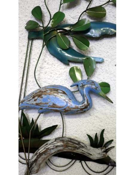 Pannello in metallo con fenicottero in legno creato e colorato mano cm 35x10x82 blu