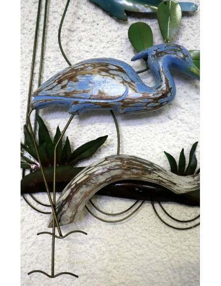 Pannello in metallo con fenicottero in legno creato e colorato mano cm 35x10x82 blu