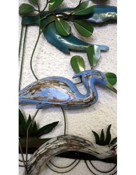 Pannello in metallo con fenicottero in legno creato e colorato mano cm 35x10x82 blu