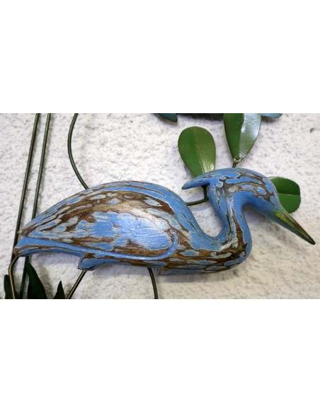 Pannello in metallo con fenicottero in legno creato e colorato mano cm 35x10x82 blu
