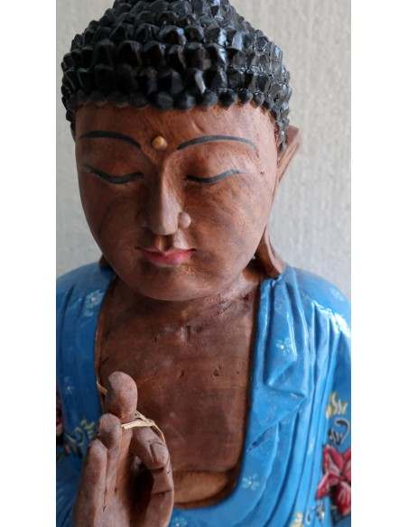Buddha scultura il legno massello noce indiano o suar cm 39x19x51h Blu n 2