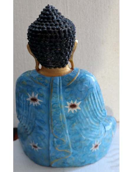 Buddha scultura il legno massello noce indiano o suar cm 40x20x53h Blu e oro n 2
