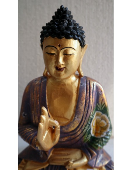 Buddha scultura il legno massello noce indiano o suar cm 24x12x32h viola e oro con fiori statua n 2