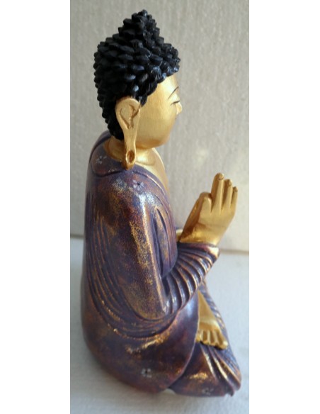 Buddha scultura il legno massello noce indiano o suar cm 24x12x32h viola e oro con fiori statua n 2