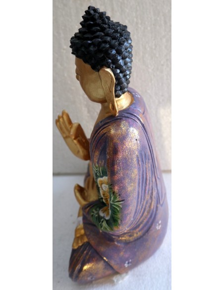 Buddha scultura il legno massello noce indiano o suar cm 24x12x32h viola e oro con fiori statua n 2