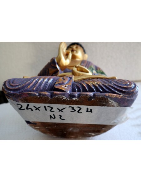 Buddha scultura il legno massello noce indiano o suar cm 24x12x32h viola e oro con fiori statua n 2