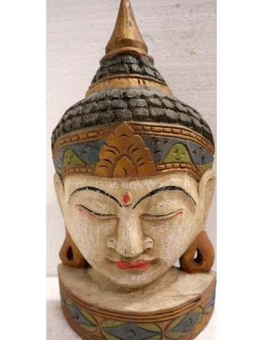 Testa di Buddha in legno decorata e dipinta a...