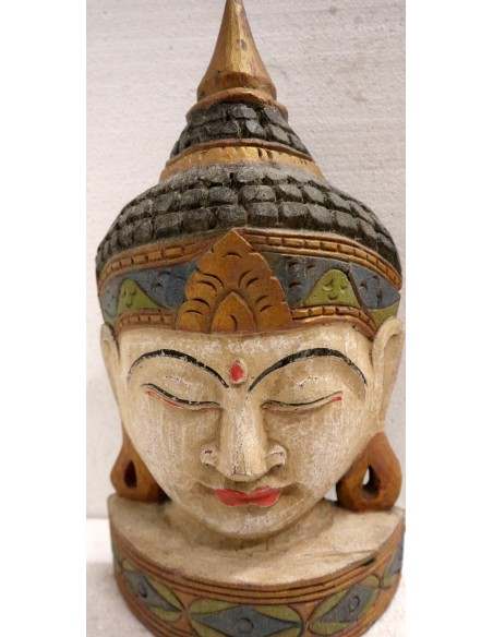Testa di Buddha in legno decorata e dipinta a mano cm 40h
