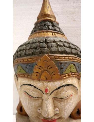 Testa di Buddha in legno decorata e dipinta a...