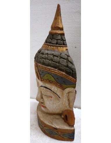Testa di Buddha in legno decorata e dipinta a...