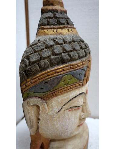 Testa di Buddha in legno decorata e dipinta a...