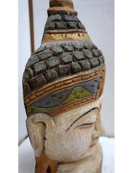 Testa di Buddha in legno decorata e dipinta a mano cm 40h