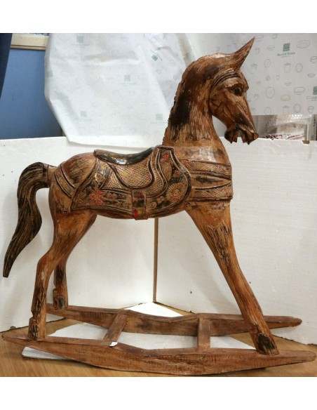 Cavallino a dondolo in legno cavallo creato dipinto a mano marrone ed oro 100x27x98h