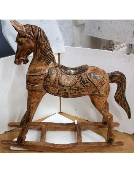 Cavallino a dondolo in legno cavallo creato dipinto a mano marrone ed oro 100x27x98h