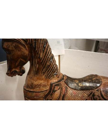 Cavallino a dondolo in legno cavallo creato dipinto a mano marrone ed oro 100x27x98h