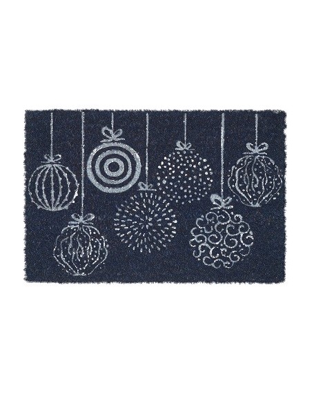 Zerbino indiano in cocco cm 60x40 COCO DOOR MAT-DECOR PALLE NATALIZIE FONDO NERO DISEGNO ARGENTO