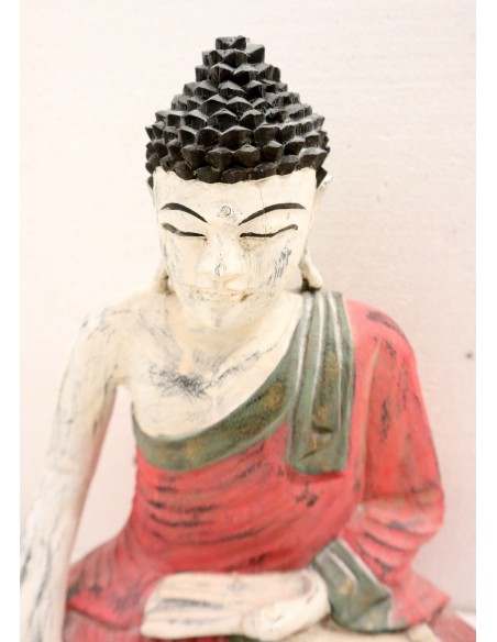 Buddha scultura il legno massello noce indiano o suar cm 26x10x33h bianco rosso anticato statua