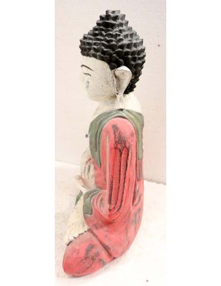 Buddha scultura il legno massello noce indiano o suar cm 26x10x33h bianco rosso anticato statua