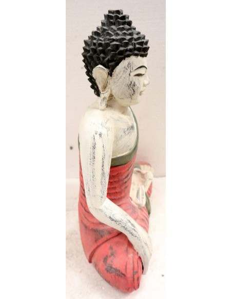 Buddha scultura il legno massello noce indiano o suar cm 26x10x33h bianco rosso anticato statua