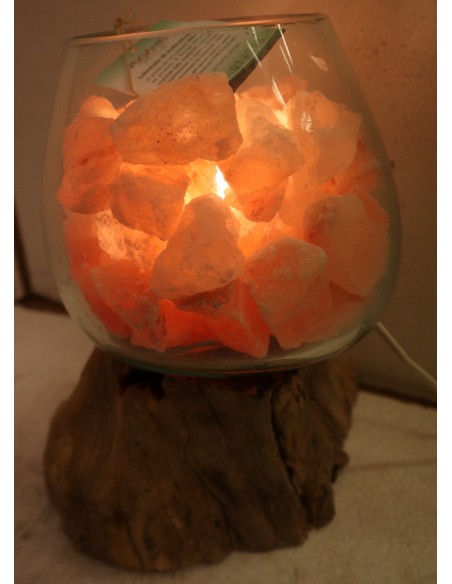 Lampada di sale irripetibile creata in vetro soffiato su legno naturale unica Voganto Himalaya cm 23x28x28h n 14713