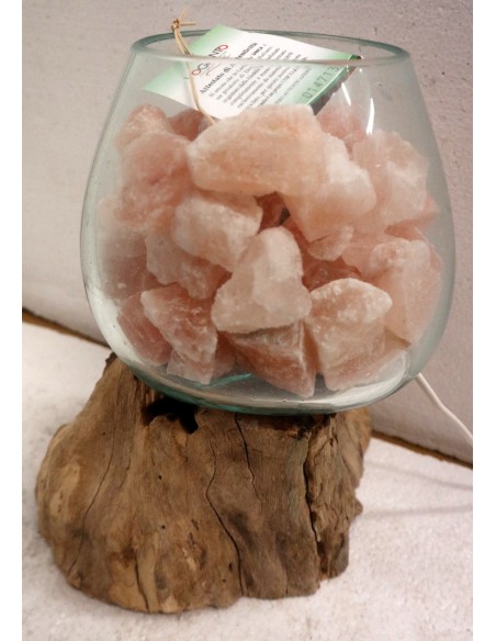 Lampada di sale irripetibile creata in vetro soffiato su legno naturale unica Voganto Himalaya cm 23x28x28h n 14713