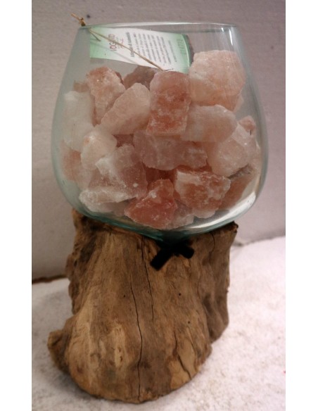 Lampada di sale irripetibile creata in vetro soffiato su legno naturale unica Voganto Himalaya cm 23x28x28h n 14713