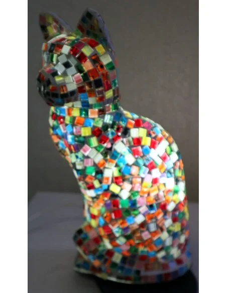 Lampada abatjour gatto cm 30 in resina e mosaico multicolor gattino da tavolo