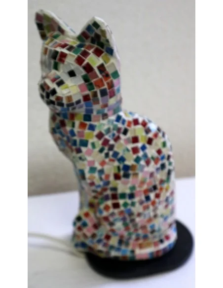Lampada abatjour gatto cm 30 in resina e mosaico multicolor gattino da tavolo