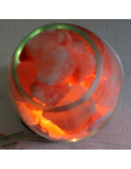 Lampada di sale UNICA VOGANTO creata in vetro soffiato su legno naturale salgemma Himalaya cm 16x15x23n.15045