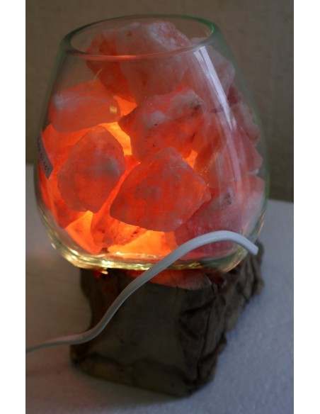 Lampada di sale UNICA VOGANTO creata in vetro soffiato su legno naturale salgemma Himalaya cm 16x15x23n.15045