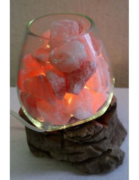 Lampada di sale UNICA VOGANTO creata in vetro soffiato su legno naturale salgemma Himalaya cm 16x15x23n.15045