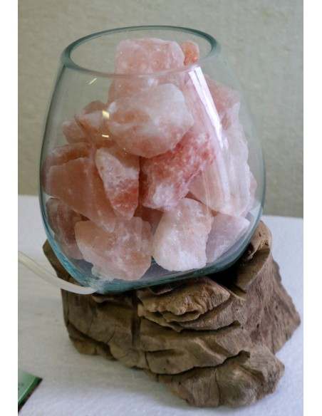 Lampada di sale UNICA VOGANTO creata in vetro soffiato su legno naturale salgemma Himalaya cm 16x15x23n.15045