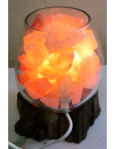 Lampada di sale UNICA VOGANTO creata in vetro soffiato su legno naturale salgemma Himalaya cm 20x17x19h n.15034