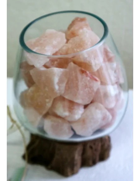 Lampada di sale UNICA VOGANTO creata in vetro soffiato su legno naturale salgemma Himalaya cm 20x17x19h n.15034