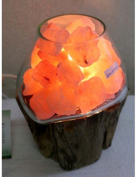 Lampada di sale UNICA VOGANTO creata in vetro soffiato su legno naturale salgemma Himalaya cm19x17x22h n.15019