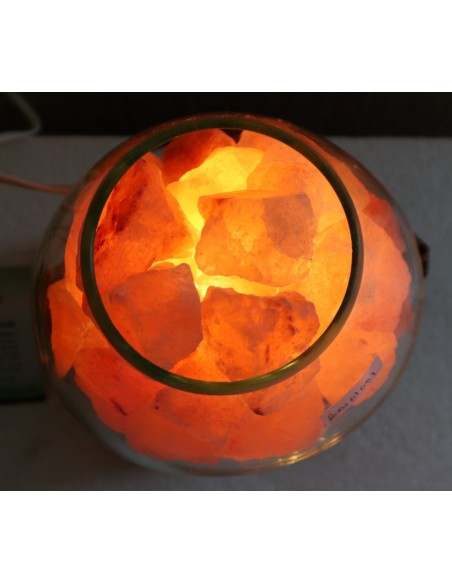 Lampada di sale UNICA VOGANTO creata in vetro soffiato su legno naturale salgemma Himalaya cm19x17x22h n.15019