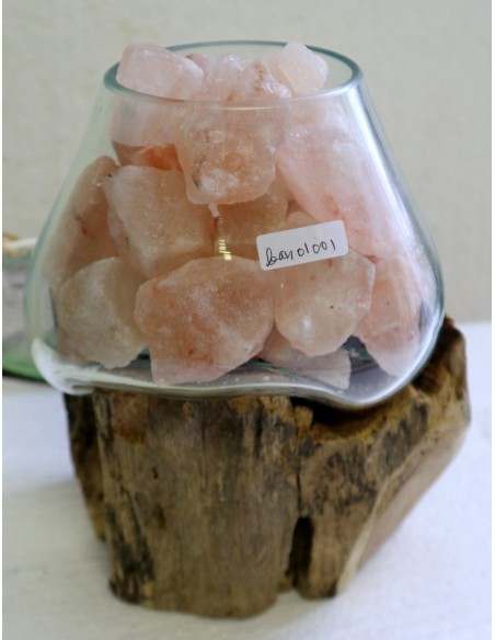 Lampada di sale UNICA VOGANTO creata in vetro soffiato su legno naturale salgemma Himalaya cm19x17x22h n.15019