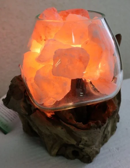 Lampada di sale UNICA VOGANTO creata in vetro soffiato su legno naturale salgemma Himalaya cm 23x15x20h n.14594