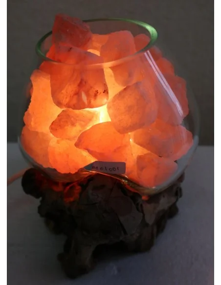Lampada di sale UNICA VOGANTO creata in vetro soffiato su legno naturale salgemma Himalaya cm 23x15x20h n.14594