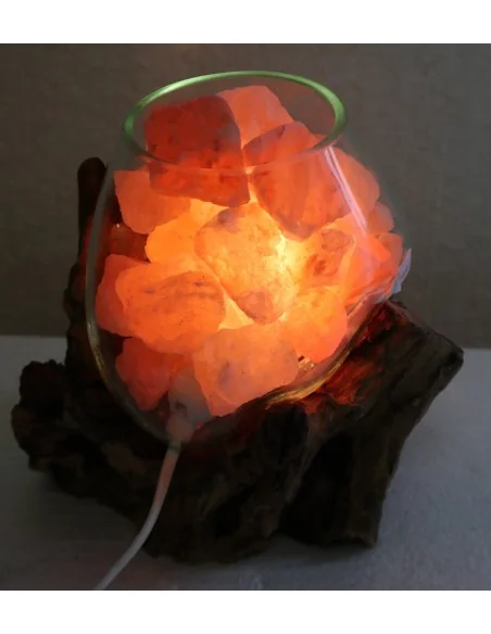 Lampada di sale UNICA VOGANTO creata in vetro soffiato su legno naturale salgemma Himalaya cm 23x15x20h n.14594