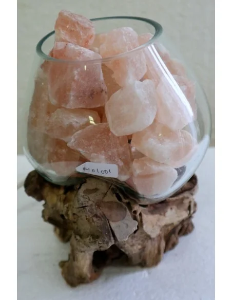 Lampada di sale UNICA VOGANTO creata in vetro soffiato su legno naturale salgemma Himalaya cm 23x15x20h n.14594