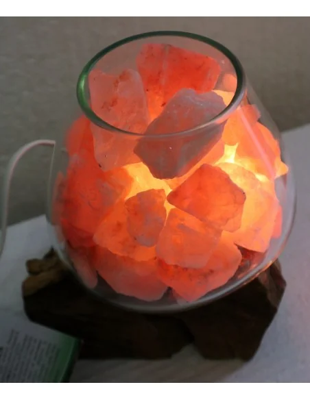 Lampada di sale UNICA VOGANTO creata in vetro soffiato su legno naturale salgemma Himalaya cm 17x15x21h n.14587