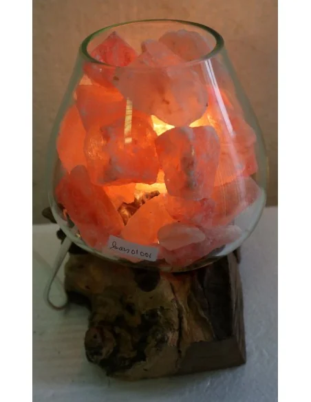 Lampada di sale UNICA VOGANTO creata in vetro soffiato su legno naturale salgemma Himalaya cm 17x15x21h n.14587